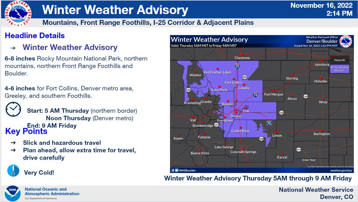 NWSBoulder's tweet photo. ❄️Winter Weather Advisory❄️
                Thursday AM - Friday AM
Make sure you are prepared as you head out the door in the morning Thursday, the evening commute will be slow &amp; snowy! Make sure you give yourself extra time on your commute Friday morning, too. #cowx https://t.co/s52yso2V9y