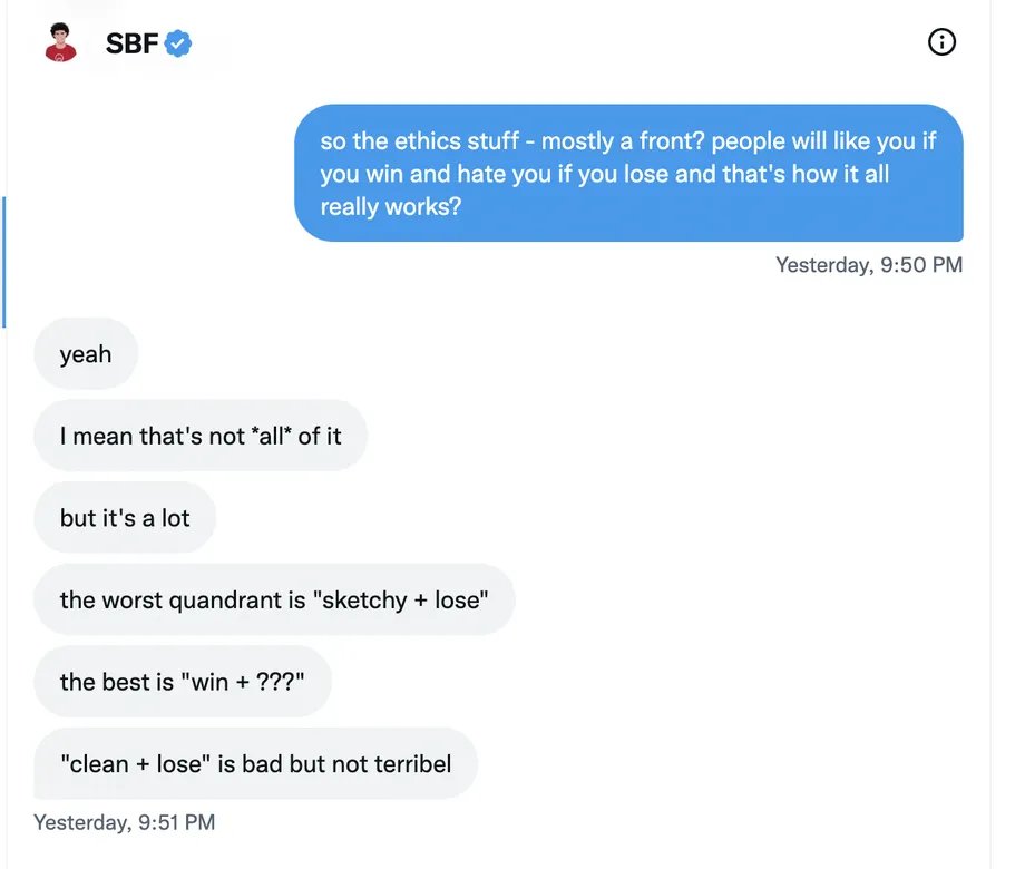 krugermacro's tweet image. These insane SBF chatlogs can be condensed into:

a) his public persona was an act
b) the mean justifies the end =&amp;gt; best to be dishonest but win
c) doing &quot;sketchy&quot; things is OK
d) he had been using customer funds for a long time
e) &quot;it wasn&apos;t quite lending them out&quot;