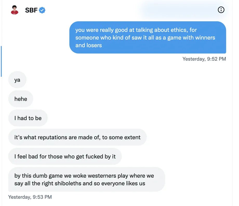 krugermacro's tweet image. These insane SBF chatlogs can be condensed into:

a) his public persona was an act
b) the mean justifies the end =&amp;gt; best to be dishonest but win
c) doing &quot;sketchy&quot; things is OK
d) he had been using customer funds for a long time
e) &quot;it wasn&apos;t quite lending them out&quot;