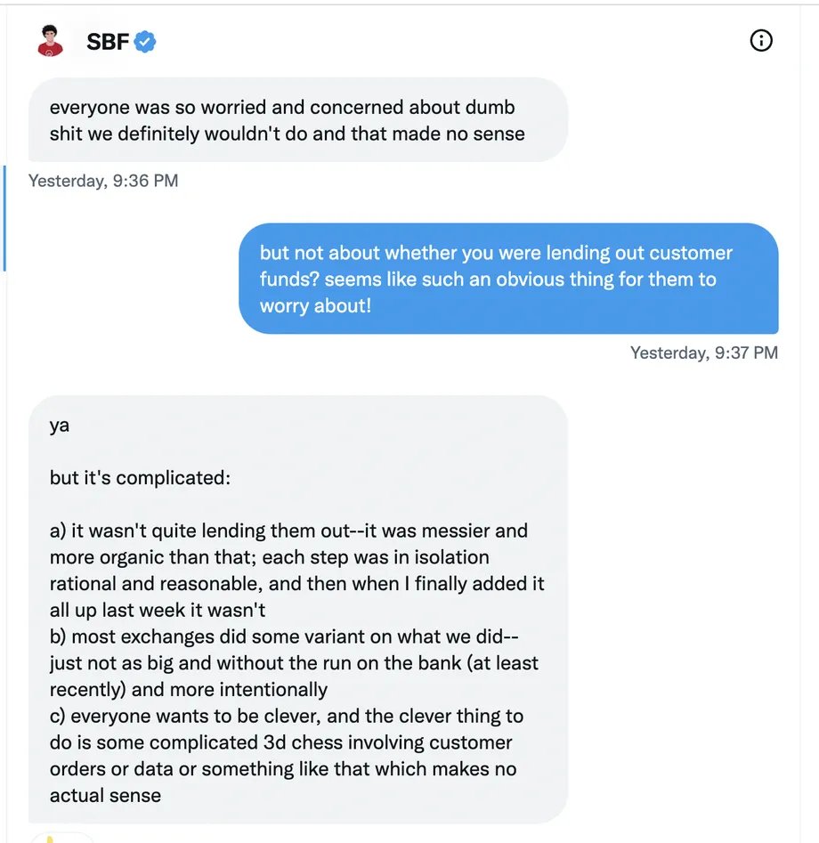 krugermacro's tweet image. These insane SBF chatlogs can be condensed into:

a) his public persona was an act
b) the mean justifies the end =&amp;gt; best to be dishonest but win
c) doing &quot;sketchy&quot; things is OK
d) he had been using customer funds for a long time
e) &quot;it wasn&apos;t quite lending them out&quot;