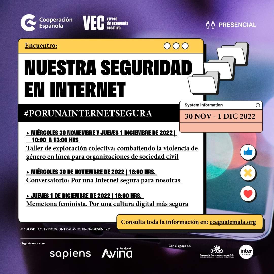 Encuentro Nuestra Seguridad en Internet

✅Taller
✅Conversatorio
✅Memetona

<a href="/CCEGUATEMALA/">Centro Cultural de España en Guatemala</a>
<a href="/FundacionAVINA/">fundacionAVINA</a>

Más info 👉 cceguatemala.org/archivos/activ… 
#PorUnaInternetSegura