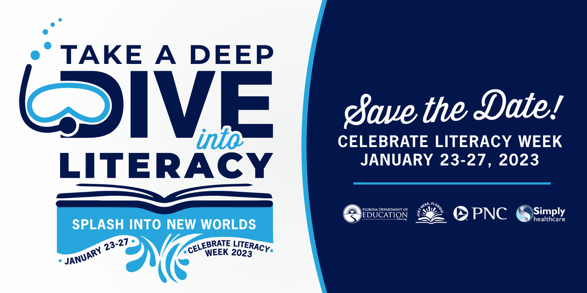 EducationFL's tweet photo. The Just Read, Florida! office is excited to announce the Celebrate Literacy Week 2023 theme with educators across the state! We can't wait to "sea" all the exciting literacy activities taking place during Celebrate Literacy Week, occurring January 23-27, 2023. https://t.co/gApts8qkjT