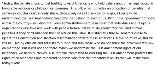 ADFLegal's tweet photo. "Make no mistake, this bill will be used by officials and activists to punish and ruin those who do not share the government’s view on marriage." 

"When we undermine the First Amendment rights of our neighbors, we harm ourselves."

Full statement from @KWaggonerADF ⬇️ https://t.co/9uwkueSCvl