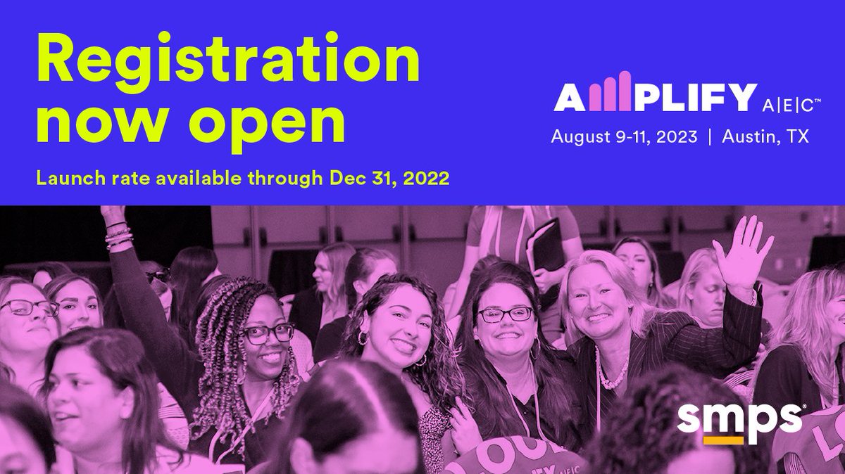 Can we get a drumroll please ... registration for Amplify A|E|C 2023 is OFFICIALLY OPEN! 

Now through 11:59 ET on December 31, 2022 we’re offering our launch rates. So, make sure you take advantage of these savings! Register now: bit.ly/3GnohvN

#smps #amplifyaec