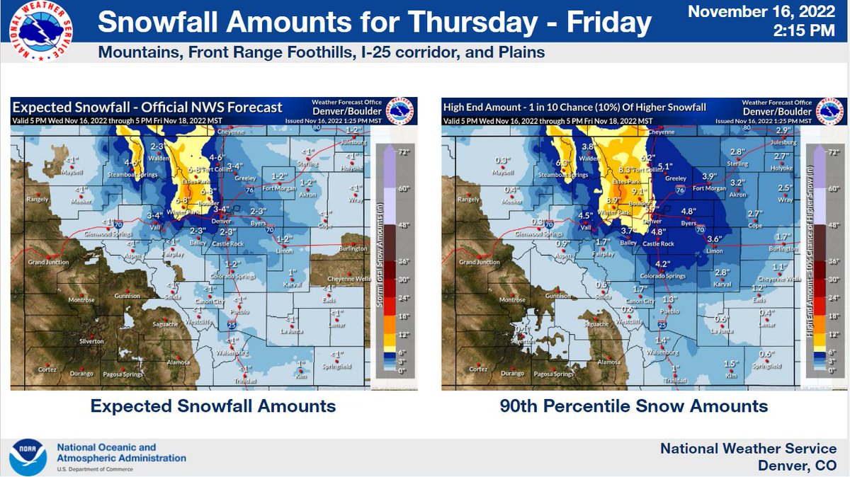NWSBoulder's tweet photo. ❄️Winter Weather Advisory❄️
                Thursday AM - Friday AM
Make sure you are prepared as you head out the door in the morning Thursday, the evening commute will be slow &amp; snowy! Make sure you give yourself extra time on your commute Friday morning, too. #cowx https://t.co/s52yso2V9y