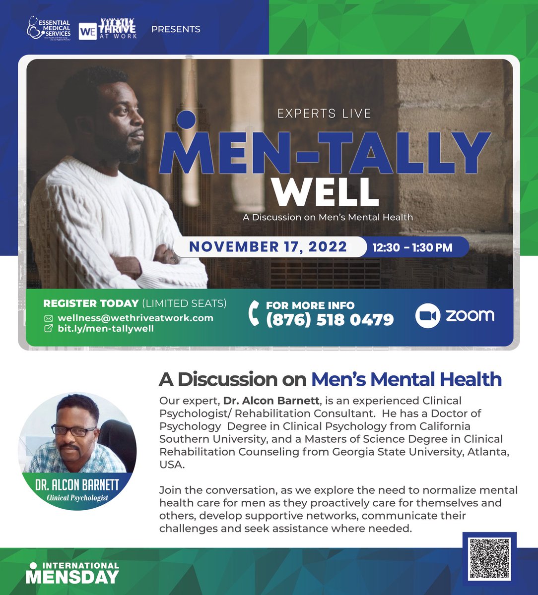 EMS is pleased to invite you to our Experts Live: "Men-tally Well" — A Discussion on Men's Mental Health.

Register here: bit.ly/men-tallywell

Please submit any questions to wellness@wethriveatwork.org or call us at (876) 518-0479.

#MentallyWell #InternationalMensDay