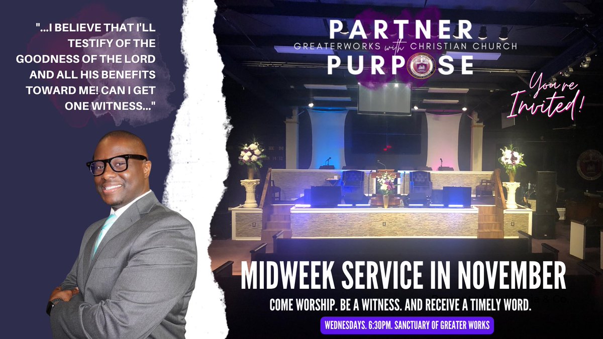 PastorMClayton's tweet photo. Join us tonight, Wednesday at 6:30pm for our Mid-Week Service. Come Worship, Be a Witness, and Receive a Timely Word shared by our Overseer, Pastor Clayton. We hope to see you there!!
#MidWeek #WednesdayInTheWord #BibleStudy #PartneringWithPurpose #GreaterWorks #GWCC https://t.co/hGFjT06yhD