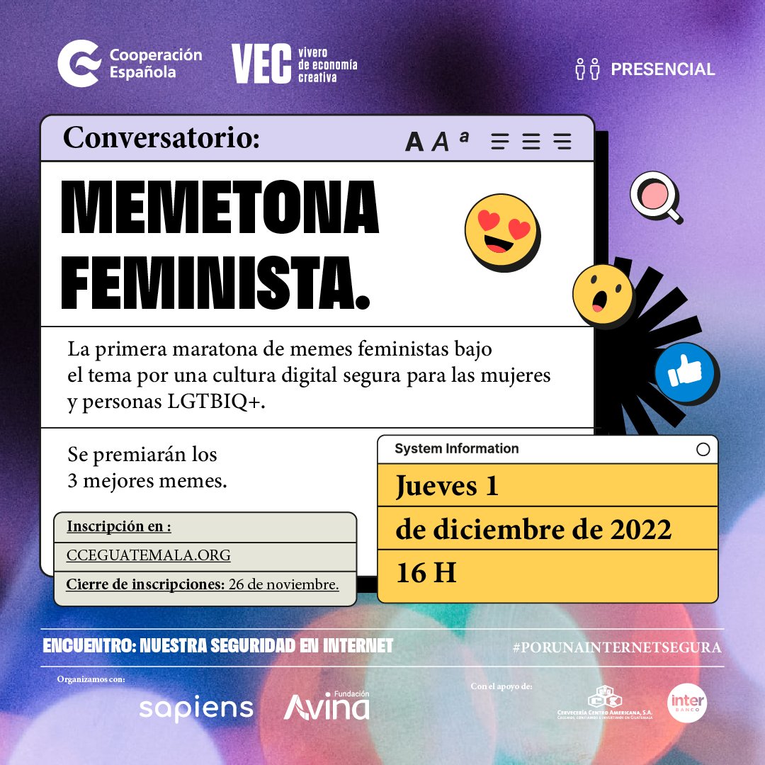 ⚡️Encuentro Nuestra Seguridad en Internet ⚡️

Reflexiones y #memetona para que las mujeres nos apropiemos de los espacios digitales 👩‍💻

#PorUnaInternetSegura #16DíasDeActivismo

Más info 👉 bit.ly/PorUnaInternet…