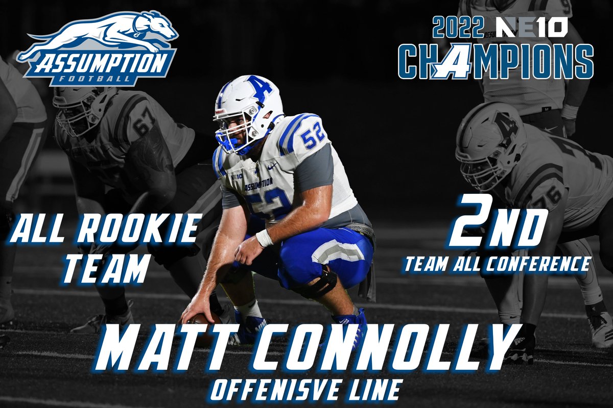 AssumptionFB's tweet photo. 𝘼𝙇𝙇 𝘾𝙊𝙉𝙁𝙀𝙍𝙀𝙉𝘾𝙀 𝘼𝙒𝘼𝙍𝘿𝙎!

#52 - OL - Matt Connolly

@TheNortheast10 2nd-Team All Conference &amp; All-Rookie Team!!

 #𝘼𝘿𝙑𝘼𝙉𝙏𝘼𝙂𝙀 https://t.co/igyBKGQEqO