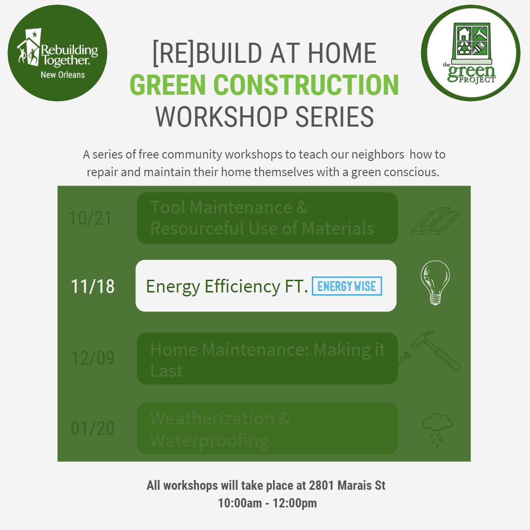 Join us on Friday (11/18/22) from 10a-12p at 2801 Marais St., to learn how you can make your home more energy efficient, and take advantage of the New Orleans Energy Smart program!  @rebuilding_together_nola <a href="/thegreenproject/">the Green Project</a> #EnergyEfficiency #energysmart #EnergyWise #savemoney
