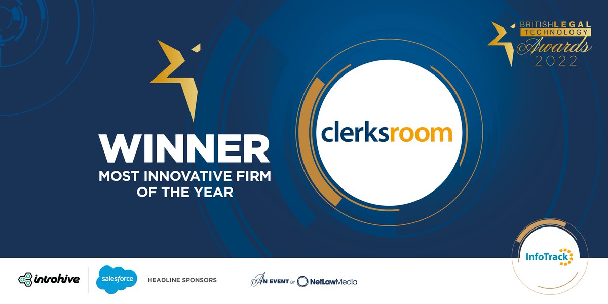 WINNER of the ‘Most Innovative Firm of the Year’ category – sponsored by <a href="/InfoTrack_UK/">InfoTrack UK</a> at ‘The British #Legal #Technology #Awards 2022’ is @clerksroom 

#BLTF22  #legaltech #legalit #lawfirm #legaltechnology