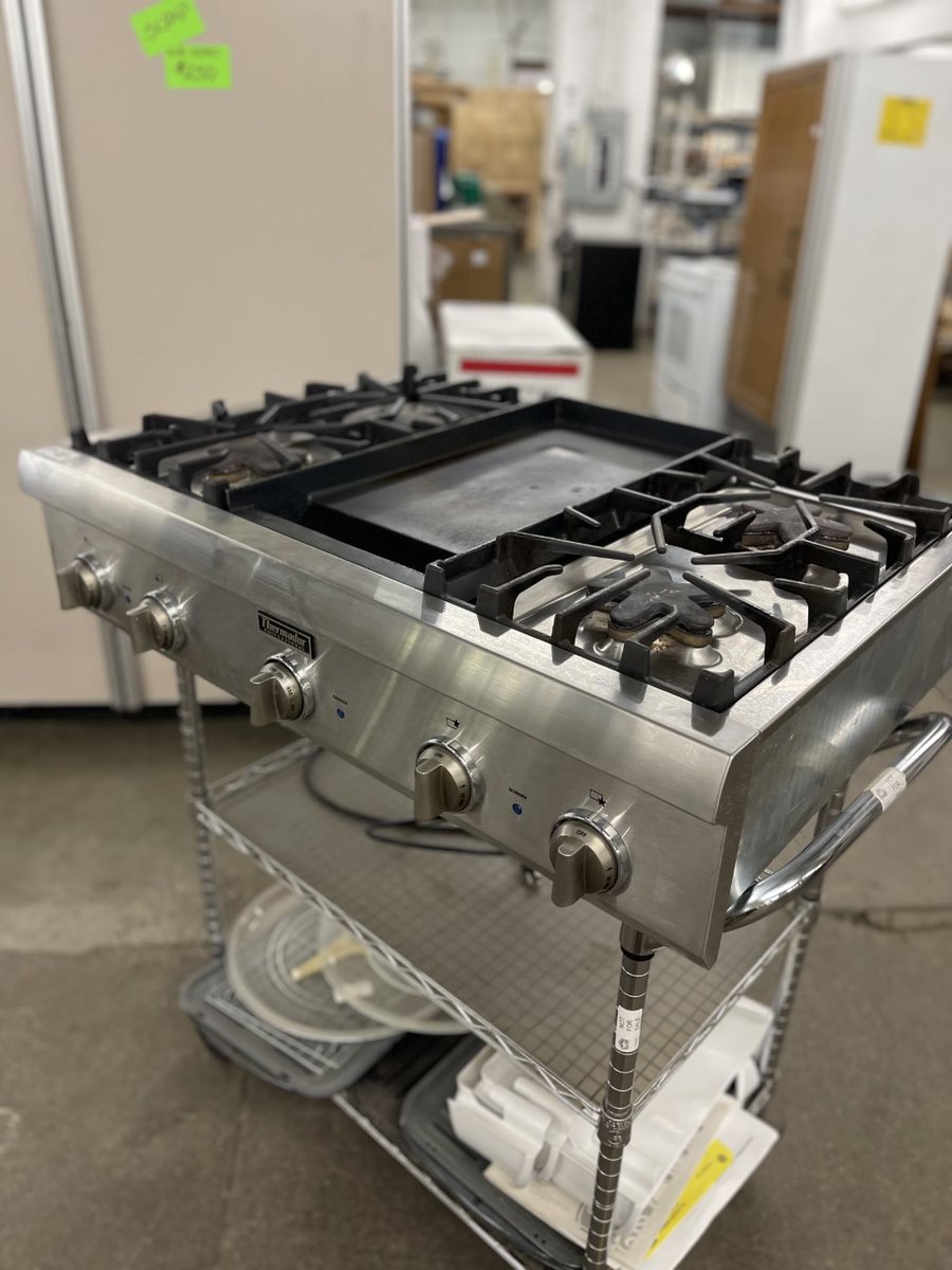 BuildingValue's tweet image. THERMADOR 36” GAS RANGETOP- 4 burners with signature star shape, electric gridle, professional-style knobs &amp;amp; construction. Features the lowest BTU on market which increases to a powerful 15,000 BTU’s. Model # PCG364ED. Dimensions: 35 7/8” wide x 26 ½” deep x 8 1/2” tall. $1850