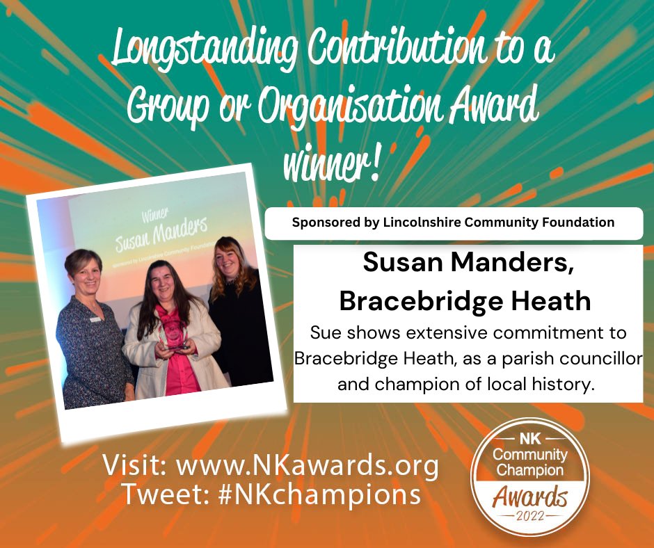 And our Longstanding Contribution Award winner is Susan Manders! Regarded as an ambassador for #BracebridgeHeath, Susan has beavered away in many and various roles for decades. #NKChampions @LincolnshireCF