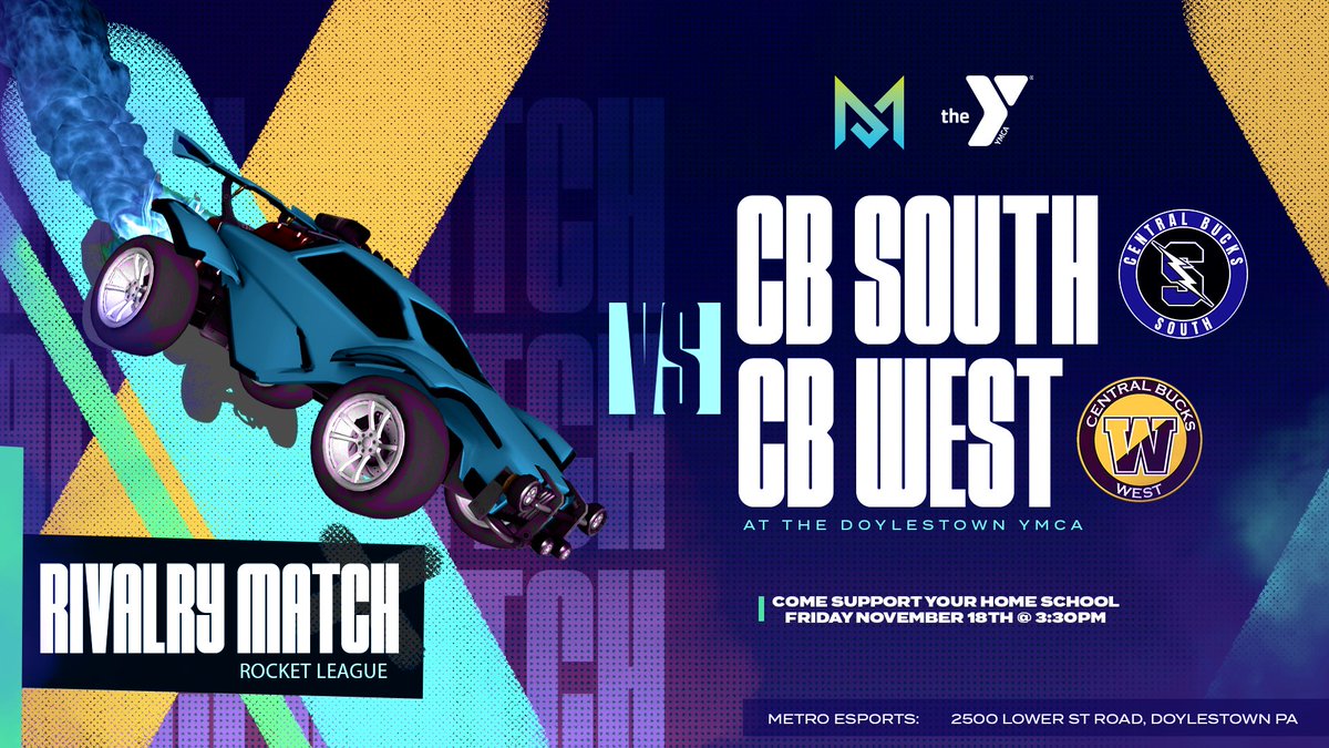 metroesports's tweet photo. Come show your school spirit 🎉

This Friday, 3:30pm at the Doylestown Metro Game Lounge CB South takes on CB West in Rocket league. https://t.co/2EC9aGMdlw