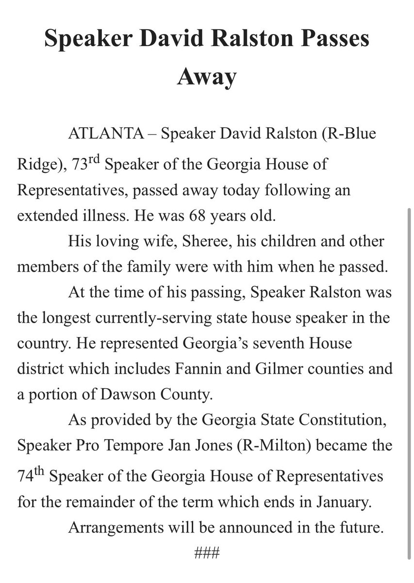 A great tragedy for Georgia. RIP, Speaker Ralston. #gapol