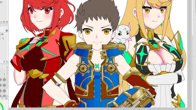 まだ途中。いやーやっぱり12月1日までに主人公パーティ全員描くのはやっぱり無理だな!自分の生活環境では3日おきに1枚仕上げられないもん!見てみろよ3人描くだけでこの作画カロリーよ!昨日のミオちゃんはパパッと描けるのによぅ!#ゼノブレイド2 