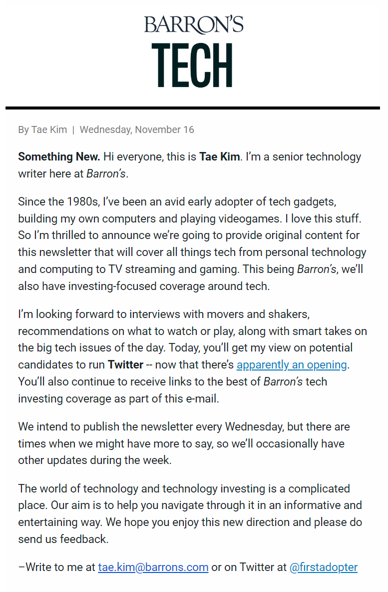 firstadopter's tweet photo. 🚨🚨🚨 I’m thrilled to announce a free weekly email newsletter by yours truly that will cover personal tech, computing and gaming.

Look forward to my recs on what to watch &amp; play and smart takes on the latest tech topics.

Sign up to "Barron’s Tech" here https://t.co/1qHTwDuxOi https://t.co/k6TwT6jer3