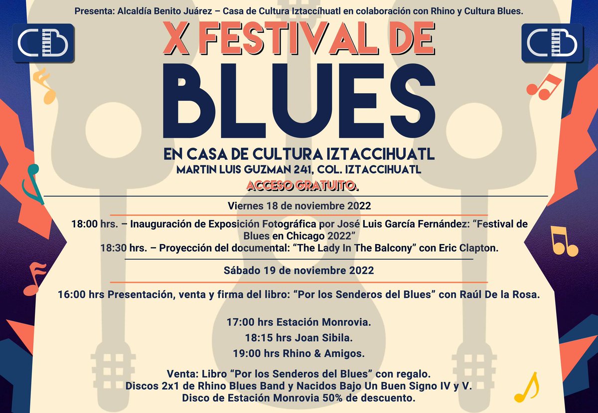 E_Monrovia's tweet photo. * Sábado 19 de noviembre: 
 - 4:00 pm Presentación, venta y firma del libro: “Por los Senderos del Blues” con Raúl De la Rosa. 
 - 5:00 pm Estación Monrovia. 
 - 6:15 pm Joan Sibila. 
 - 7:00 pm Rhino &amp; Amigos. https://t.co/eJwCrvTEDy