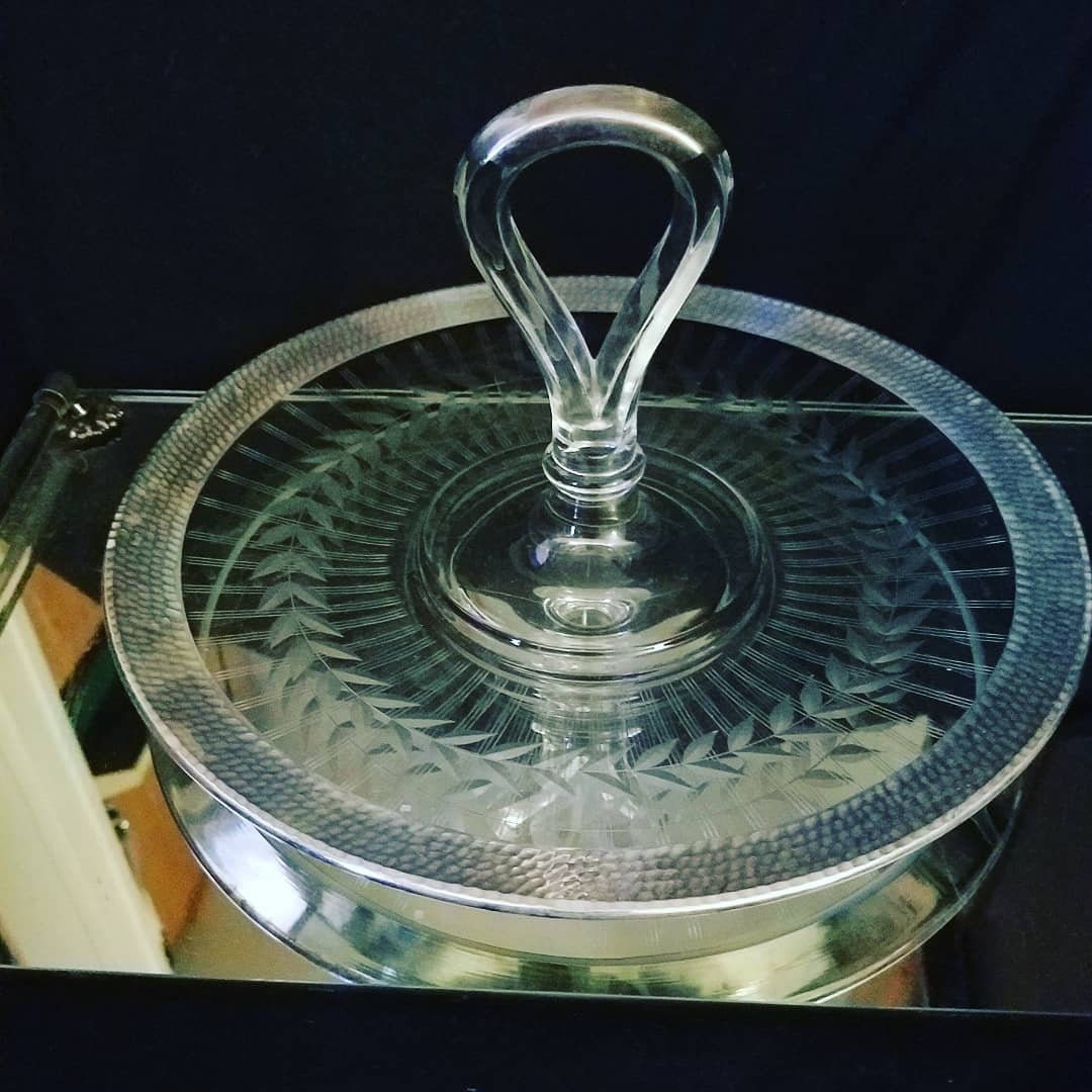 #etsy shop:Indiana Glass Serving tray,center Handle,Etched etsy.me/3tD7BsI #traycenterhandle #centerpiece #newyears  #sandwichglass #indianaglass #relishtray #pressedglass #appetizerplatter #silveredge #eapc #roundtray #servingtray #party #etched #artglass #art