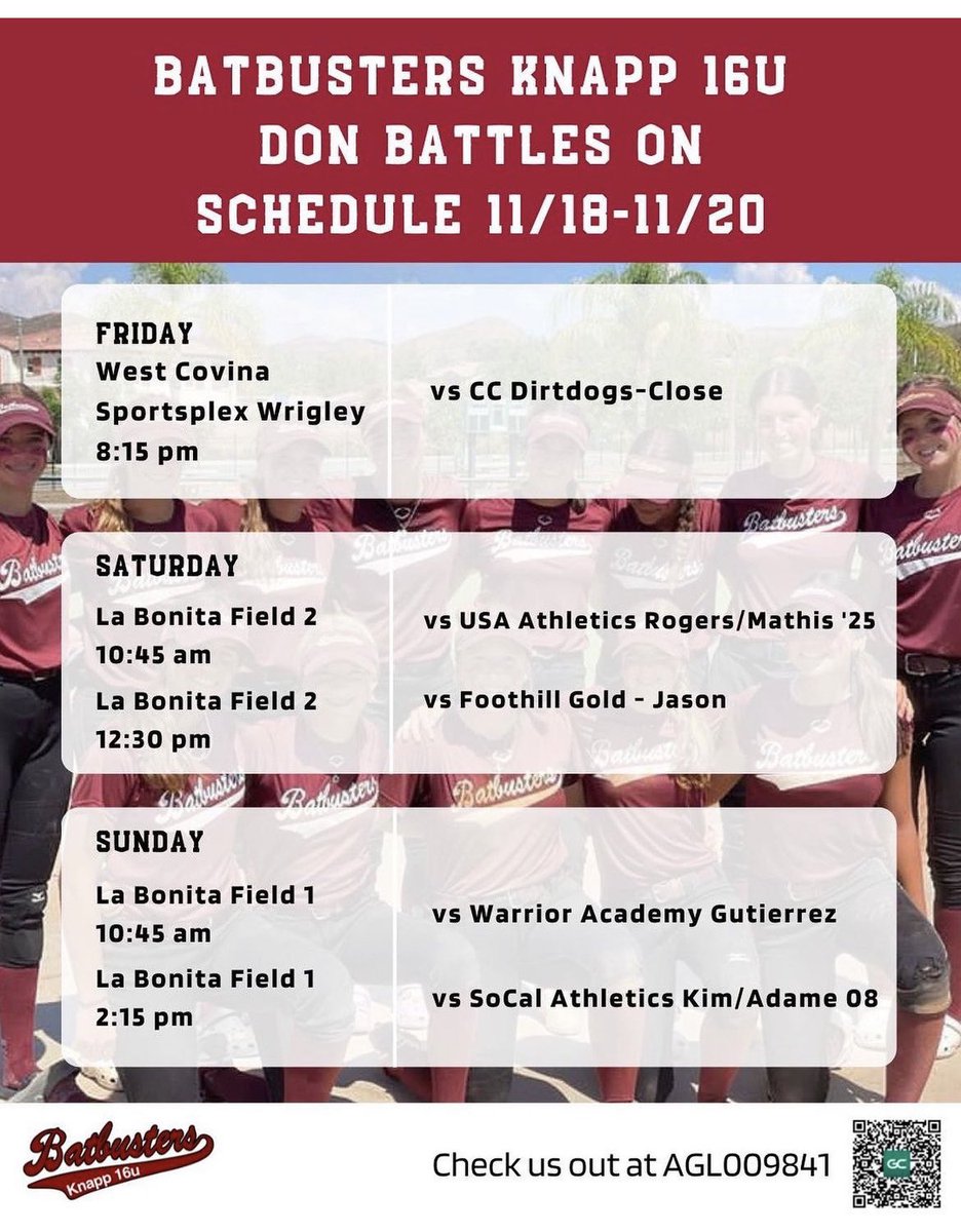 lola_carson1's tweet photo. Here’s my team’s schedule for this weekends Don Battles On tournament hosted by @TCSFastpitch Hope to see you there! @FastpitchAthRec @bergy_9 @Amy_Hayes22 @ucdavissoftball @CSUNSoftball @UCSBSoftball @CuseSB #gobatbusters #showcase #16U #teamwork #collegesoftball https://t.co/8sfStSd453