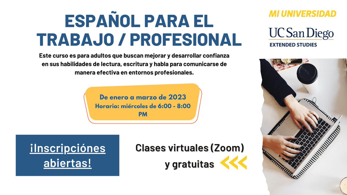 esmiuniversidad's tweet image. Curso de Español para el trabajo/profesional. GRATUITO.
Inscríbase aquí:
tinyurl.com/miuniversidadp…
Para más información: esmiuniversidad@ucsd.edu
#cursosgratuitosonline #cursosenespañol #inscribasehoy #aprendaespañol #desarrollopersonal