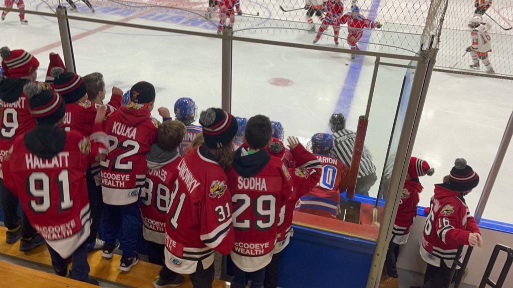 OttJrCanadians's tweet photo. Last night the @StingU11b and their coach joined us for our game. They had a visit with us pregame and helped pump us up. What they got to witness is their coach score 2 goals…that’s right, coach Larkin had 2 goals and celebrated each of them with both of his teams. #OJC #1coach https://t.co/S5ABUEz5iV