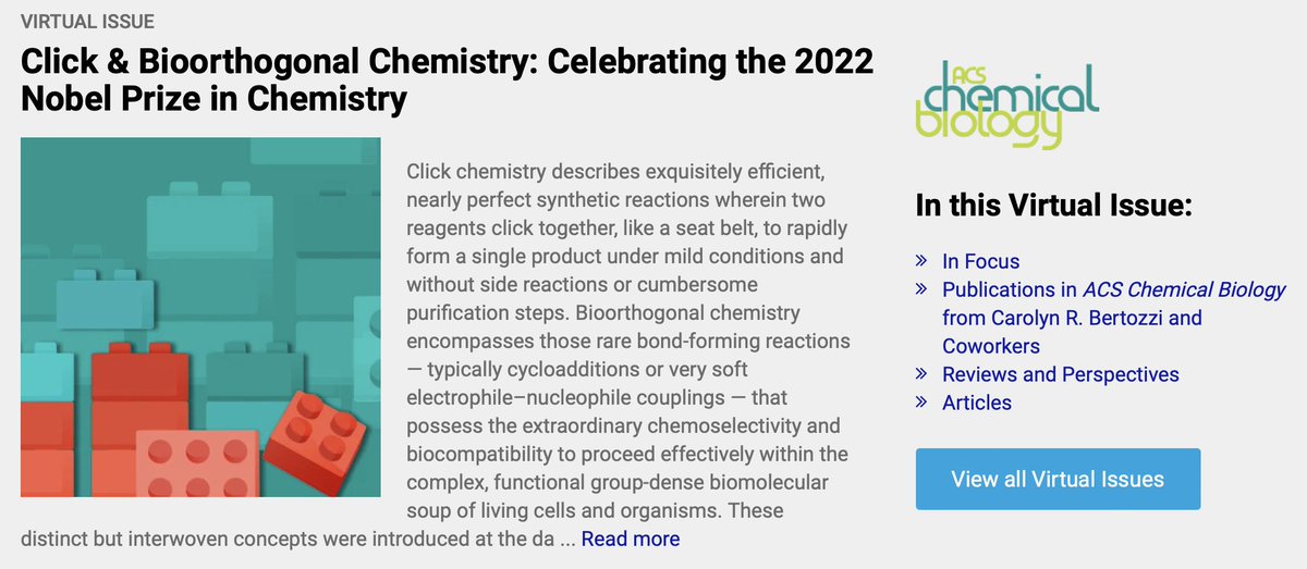 Jeremy Baskin (@basktastic) on Twitter photo 🚨It's live! Check out the ACS Chem Biol special issue highlighting the rich living history of click & bioorthogonal chemistries from the pages of the journal, to celebrate the 2022 Nobel Prize to <a href="/CarolynBertozzi/">Carolyn Bertozzi</a>, Barry Sharpless, & Morten Meldal! 🎉 pubs.acs.org/page/acbcct/vi… 1/n 🚨It's live! Check out the ACS Chem Biol special issue highlighting the rich living history of click & bioorthogonal chemistries from the pages of the journal, to celebrate the 2022 Nobel Prize to <a href="/CarolynBertozzi/">Carolyn Bertozzi</a>, Barry Sharpless, & Morten Meldal! 🎉 pubs.acs.org/page/acbcct/vi… 1/n