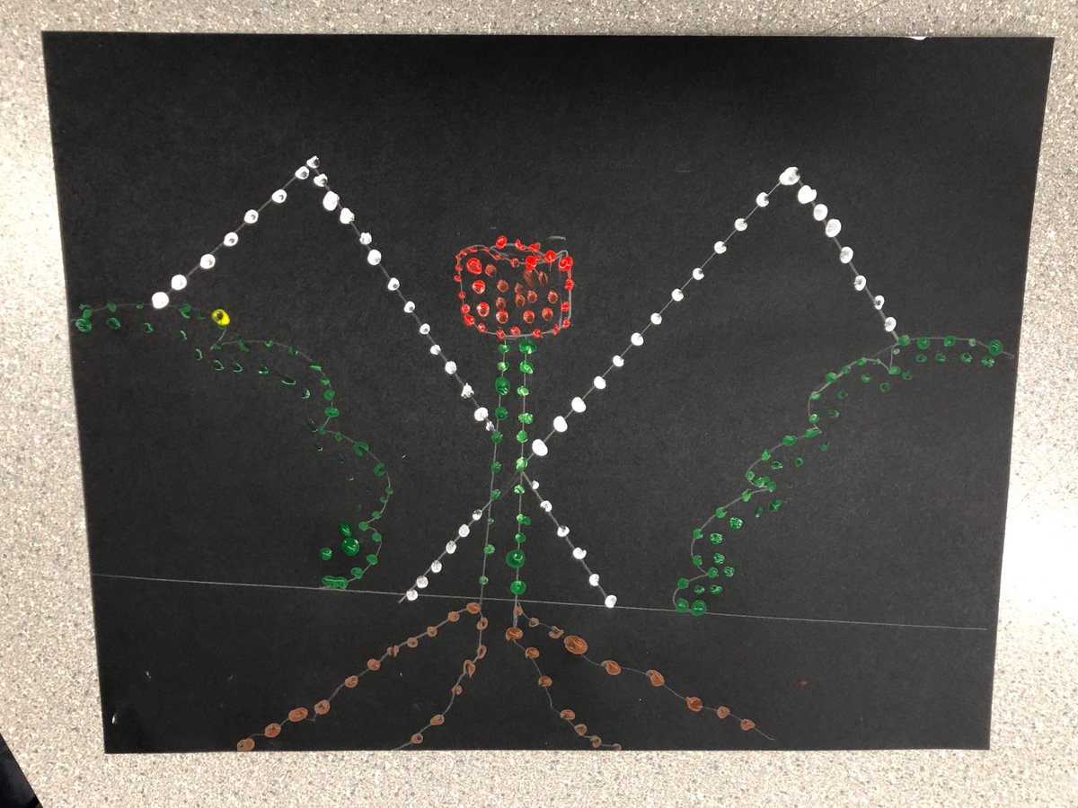 DechantsClass's tweet image. To celebrate Métis Week, students created pointillism art pieces.  They were inspired by the Métis artist Christi Belcourt's work.  Each student included a “spirit bead” somewhere in their piece.  This reminds us that we all make mistakes and that's okay.
