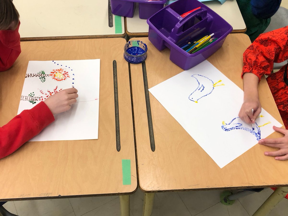 DechantsClass's tweet image. To celebrate Métis Week, students created pointillism art pieces.  They were inspired by the Métis artist Christi Belcourt's work.  Each student included a “spirit bead” somewhere in their piece.  This reminds us that we all make mistakes and that's okay.