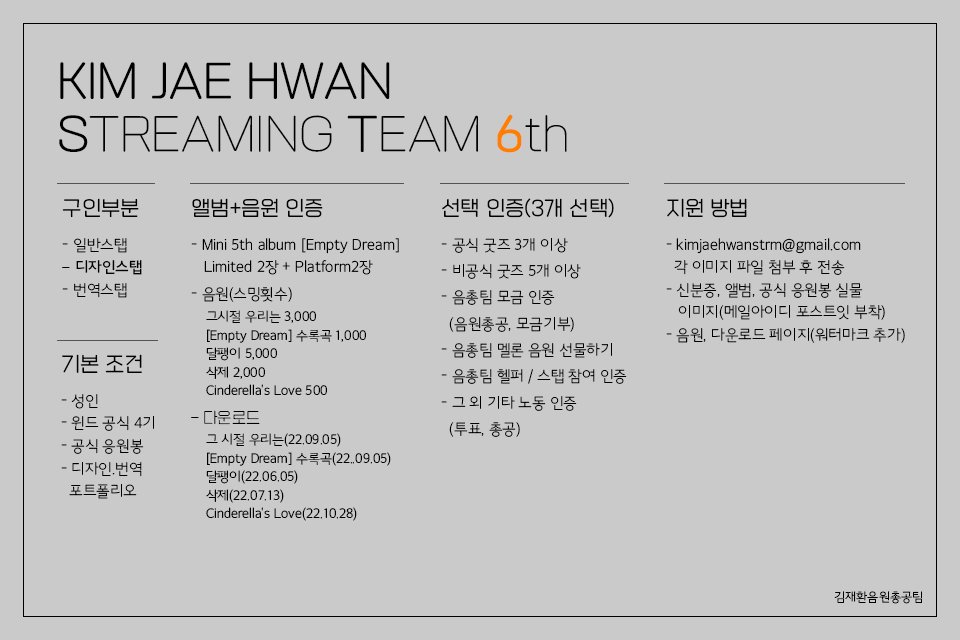 📢 김재환 음원총공팀에서 6기 스탭을 모집합니다.

다음 앨범 음원총공을 위해 음총팀 일반 스탭 및 디자인&amp;번역 스탭을 모집합니다.

✨️모집기간 12월 11일까지

스탭 모집에 윈드 여러분의 많은 관심과 지원이 필요합니다.
지원방법은 아래를 참고해주세요.

#김재환 #KIMJAEHWAN