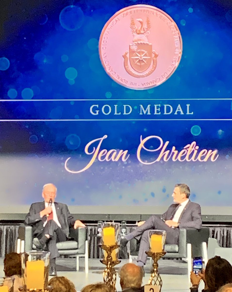 Guy_Theriault's tweet photo. One of the best lines of the night @RCGS_SGRC Fellows Gala is when former PM @stephenharper introduced  former PM Jean Chrétien the recipient of the #RCGS Gold Medal and Mister Chrétien didn’t miss a beat and said. « We do politics differently here in Canada » ♥️🇨🇦 @EvanLSolomon https://t.co/Tibc1TKutp