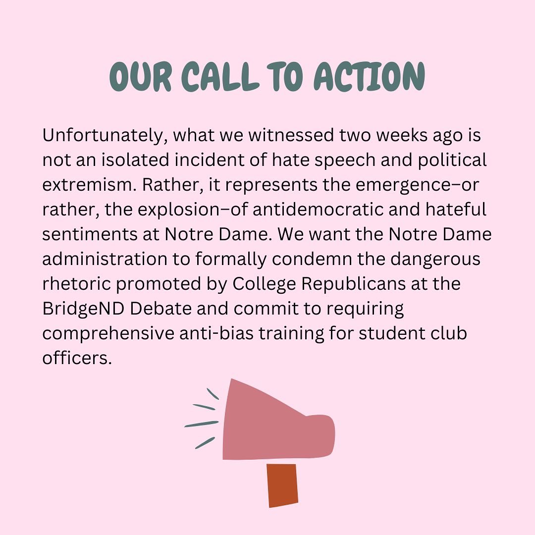NDCollegeDems's tweet photo. Hate has no place at the University of Notre Dame. We condemn the hateful rhetoric used by the College Republicans’ Representative in the BridgeND debate. We encourage you to watch the debate on NDTV and read our letter to the editor in @NDSMCObserver https://t.co/UkwE3W5Cg1