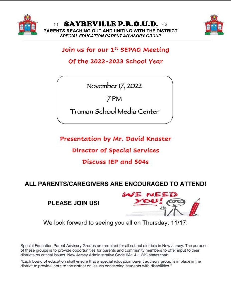 SayrevillePROUD's tweet photo. Reminder!  SEPAG Meeting is tomorrow, Thursday, Nov 17 - 7pm at Truman Media Center.   We look forward to seeing you. https://t.co/xRNwn7r33q