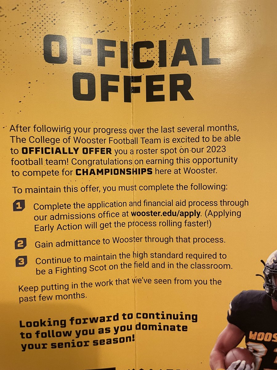 Very grateful to receive another offer from <a href="/WoosterSports/">Wooster Fighting Scots</a> 💛<a href="/CoachZachDennis/">Zach Dennis</a> <a href="/Coach_Colaprete/">Frank Colaprete</a>