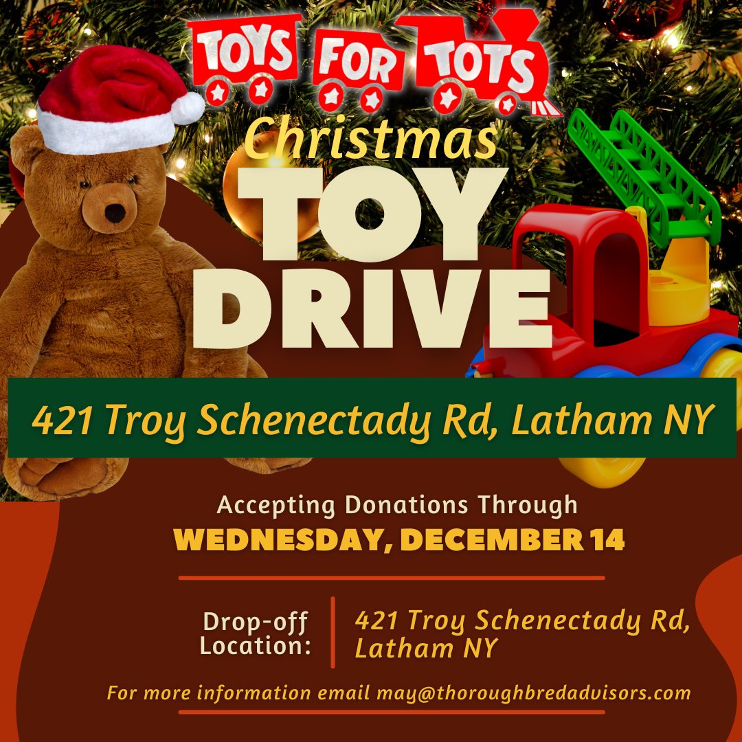 The Thoroughbred Advisors Latham location has once again become a drop-off station for the donation of toys to the Marine Corps annual Toys for Tots drive for children in need! 
 
Stop by, check out the new office and drop off a toy or two  between now and December 14th!