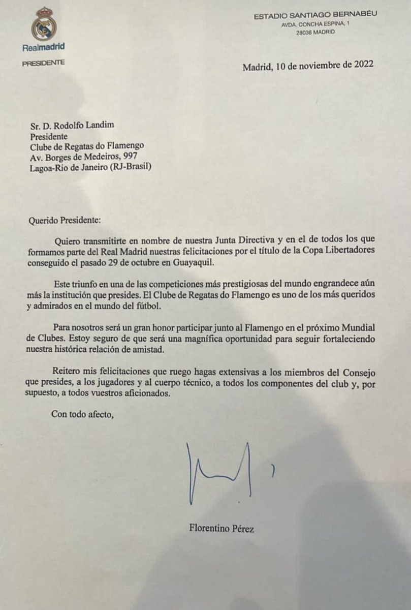 PapaRubroNegro's tweet photo. O presidente do Flamengo, Rodolfo Landim, recebeu carta do presidente do Real Madrid, Florentino Pérez. 

Na carta, o dirigente madrilenho fala que vai ser uma honra participar do próximo mundial, junto do #Flamengo.

#VamosFlamengo #CRF https://t.co/wt3PIIBI28