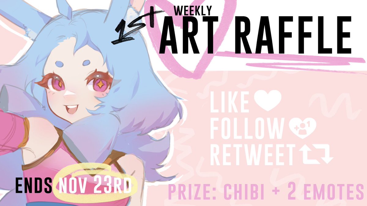 EteriCommishes's tweet photo. ✨FIRST WEEKLY ART RAFFLE💕

💌WEEK #1 PRICES🐰
1 Detailed chibi + 2 emotes

And if we get 3K followers by the end of the year a Chibi VTuber will be the final raffle  😱 ❗❗

-RULES:
❥ Follow, Like, &amp; RT 
❥ Coment your character
❥ Ends Nov 23rd

Good luck! 🐰✨

#art #raffle https://t.co/tTjz11C80w