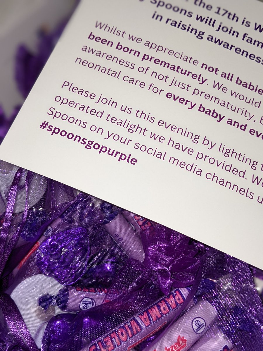 Surrounded by purple 💜

Every family in every neonatal unit in Greater Manchester should get a gift from Spoons tomorrow to mark #WorldPrematurityDay &amp; raise awareness of the challenges of neonatal care for all families 💜

We're hoping to see lots of purple #spoonsgopurple