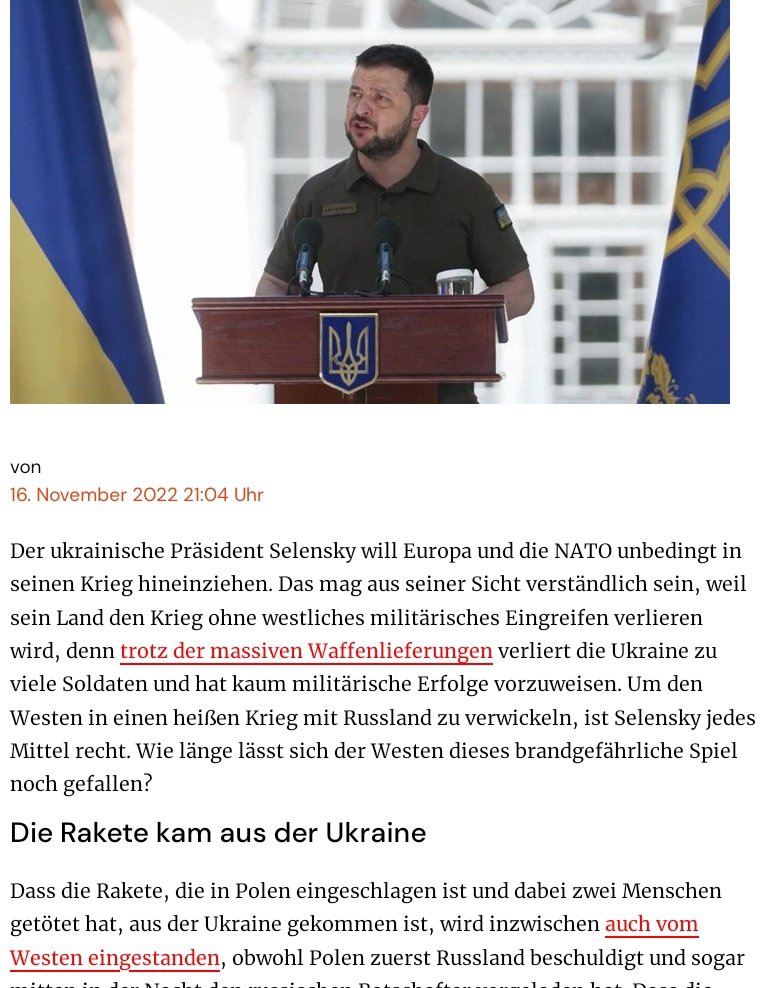 Kennt eigentlich jemand eine Stellungnahme von offizieller Seite #Polen zu dem gestrigen Raketeneinschlag??
 Immerhin sind Tote dort zu beklagen.

Derweil klingt glaubhaft, dass #Selenskyj die #NATO mit in seinen Krieg hineinziehen will, Begründung 🔻

anti-spiegel.ru/2022/selensky-…