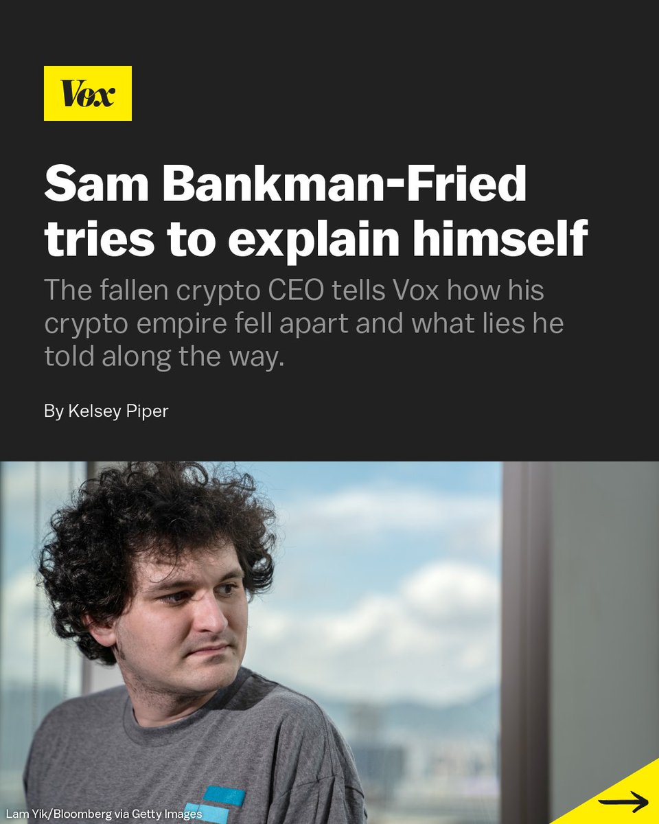 voxdotcom's tweet photo. Last night, @SBF_FTX DMed Vox's @KelseyTuoc on Twitter.

In a frank interview, Bankman-Fried speaks about how his crypto empire fell apart, and what lies he told along the way. Read it here: https://t.co/n1KetXa6VL https://t.co/feeGwufiU9