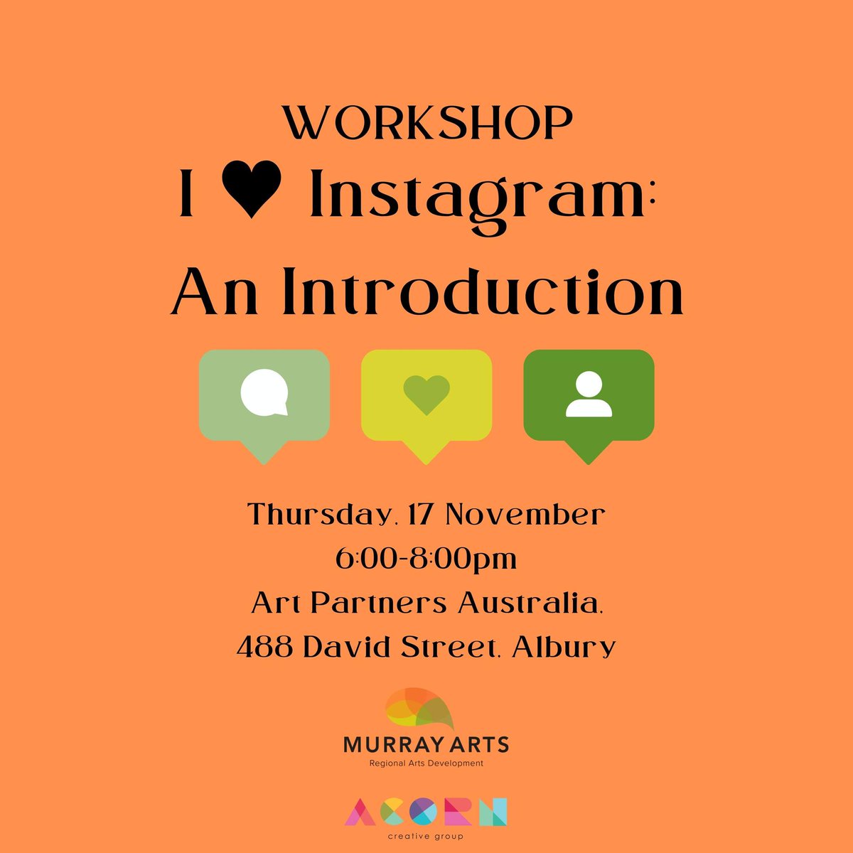 There are limited spots available to the 'I ❤️ Instagram Workshop', get in quick to secure your place.
Learn how to promote your art, creative products, events and places using the must-have digital platform.

Invest in your professional development here: events.humanitix.com/i-heart-instag…