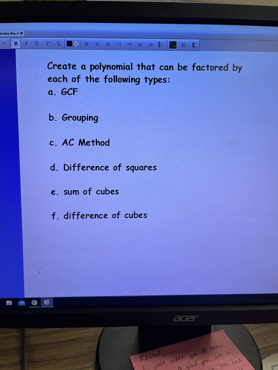 Students created polynomials that would be factored by each method today. Had them thinking about polynomials differently , categorizing them, and determining differences between each method
#mtbos #iteachmath #algebra2
