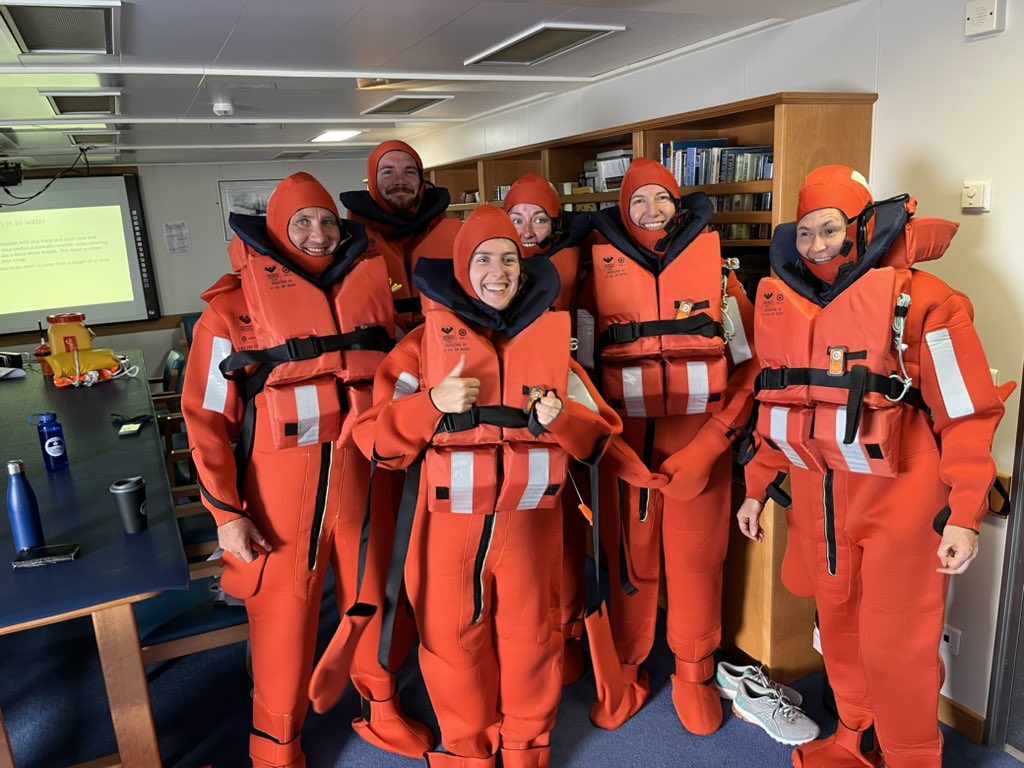 Our <a href="/AIGConservation/">Ascension Conservation</a> team in their survival suits during their personal survival at sea training on <a href="/NOCnews/">National Oceanography Centre</a> RRS Discovery. We have started our <a href="/ukgovbluebelt/">Blue Belt Programme</a> science programme at Young Seamount. This will include CTD, pelagic trawl, BRUV and deep water camera deployments