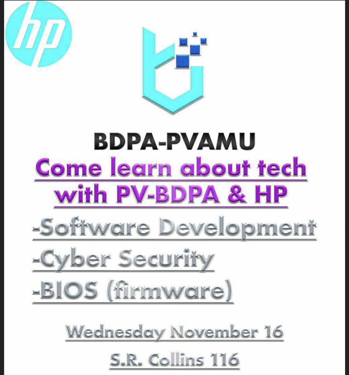 Tonight at 6pm, <a href="/BdpaPvamu/">BDPA PVAMU</a>  will host HP Professionals from different teams (Firmware, BIOS, and Cybersecurity) in person as they talk about their day to day activities in SR Collins room 116. 
Food and Drinks will be provided!! 

Join Zoom Meeting: pvpanther.zoom.us/j/7637813210