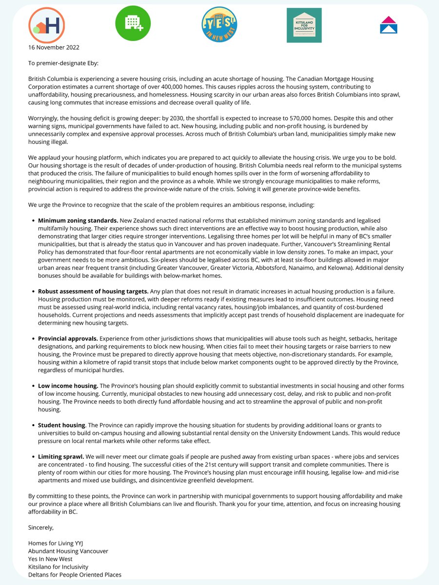 We, along with <a href="/ahvancouver/">Abundant Housing Vancouver</a>, <a href="/KitsInclusivity/">Kitsilano for Inclusivity</a>, <a href="/YesInNewWest/">Yes In New West!</a>, and <a href="/Official_DelPOP/">Deltans for People Oriented Places (Del-POP)</a>, sent this open letter to <a href="/Dave_Eby/">David Eby</a> and the <a href="/bcndp/">BC NDP</a>. In the coming months, we hope to see ambitious housing policies to address the crippling housing crisis affecting everyone in our province.