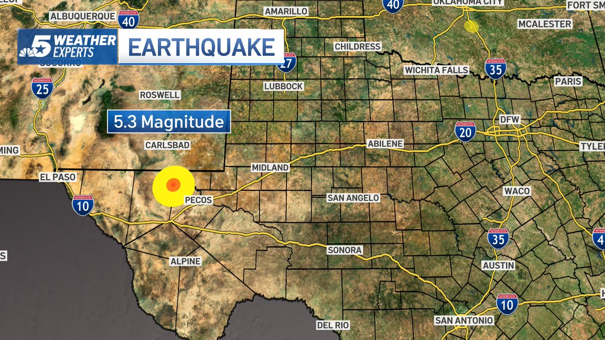 RickMitchellWX's tweet photo. The USGS reports a magnitude 5.3 earthquake occurred in West Texas near the town of Mentone, or about 400 miles west-southwest of DFW. https://t.co/TuGTqaPnbW