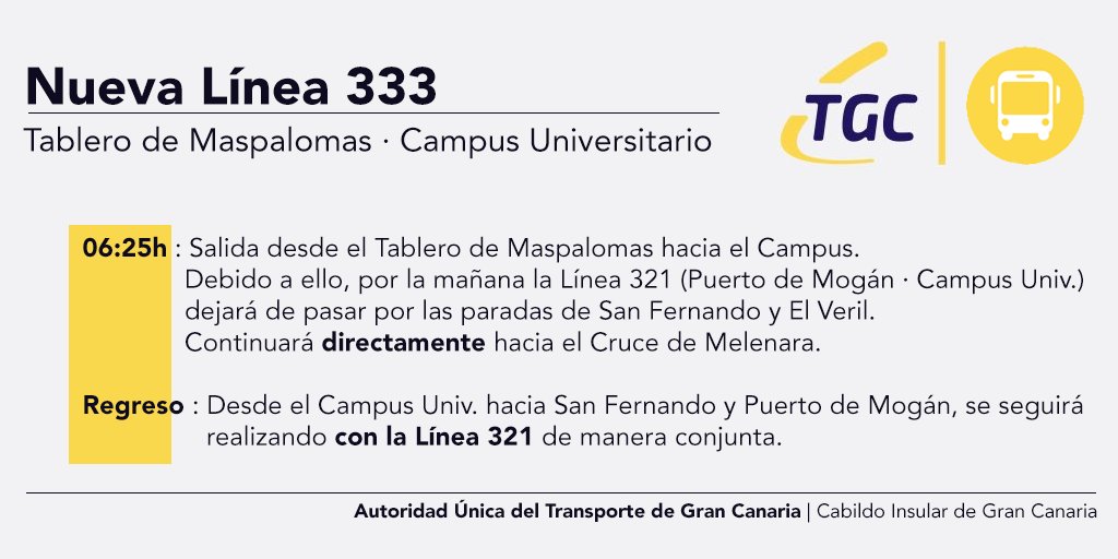 mapdelpino's tweet photo. Tras la solicitud realizada por la Alcaldesa de San Bartolomé de Tirajana @conchi_narvaez y habiendo analizado la demanda de viajeros/as y la operativa en vigor, desde la #AUTGC procedemos a poner en funcionamiento a partir del 21/11/22 la nueva Línea 333 El Tablero-Campus Univ. https://t.co/tvWZGxwlHy