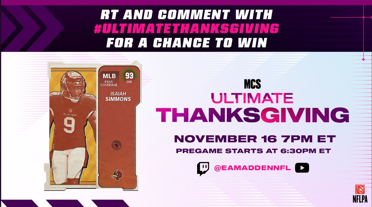 MCS IS FIXING TO START! Hit the link below to watch! I am giving away a Thanksgiving Isiah Simmons! All you need to do is follow me, RT, and comment!
#UltimateThanksgiving #Madden23 
twitch.tv/skimbooo23
twitch.tv/eamaddennfl