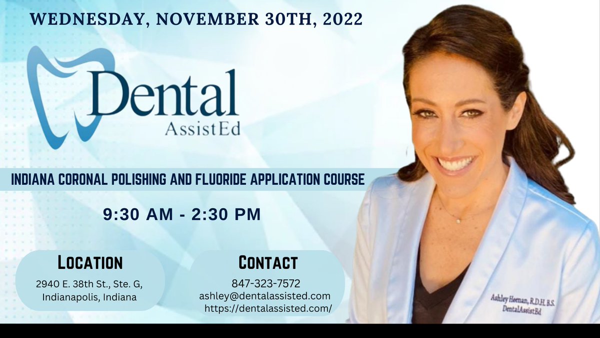 dentalassisted's tweet photo. Hi everyone!

I'll have the next upcoming Indiana Coronal Polishing and  Fluoride Application Course.

Wednesday, November 30th, 2022
9:30 am - 2:30 pm

📲 847-323-7572
.
.
.
.

#dentalassistant
#indiana #dental
#coronalpolishing
#fluoride #dentist
#chicago #pitfissure
#dentistry https://t.co/y3WnT8SD6m
