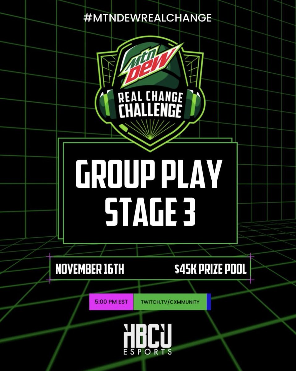 The MTN DEW® Real Change Challenge is happening NOW! Students are fighting for a spot as a top 8 contender. Who do you think will make it through to regionals in Atlanta? #MTNDEWRealChange 
🗓11/16
📺twitch.tv/cxmmunity